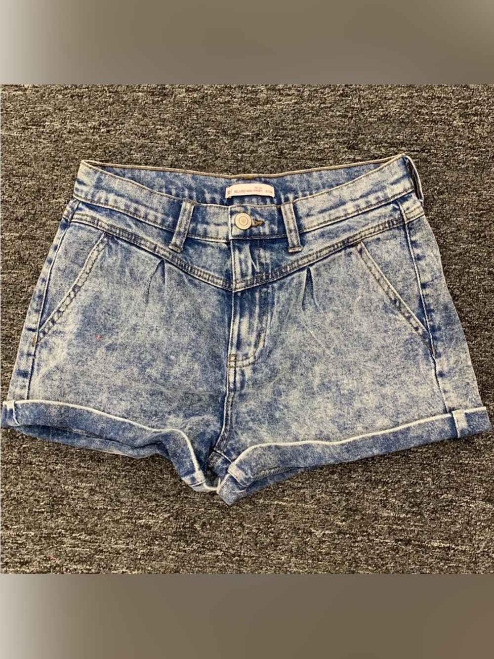 High Rise Acid Wash Pleated Front Mom Denim Shorts